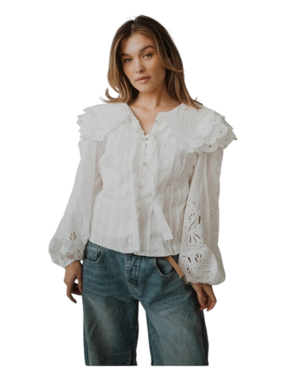 Sofie The Label White Embroidered Eyelet Richelieu Peter Pan Collar Blouse Small